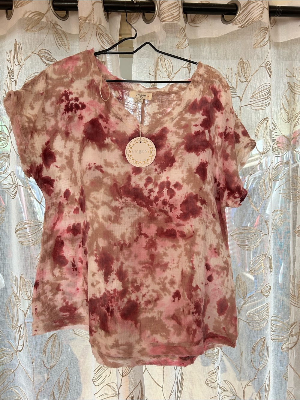 Umgee Taupe and Pink Tie-Dye V-Neck Short Sleeve Top